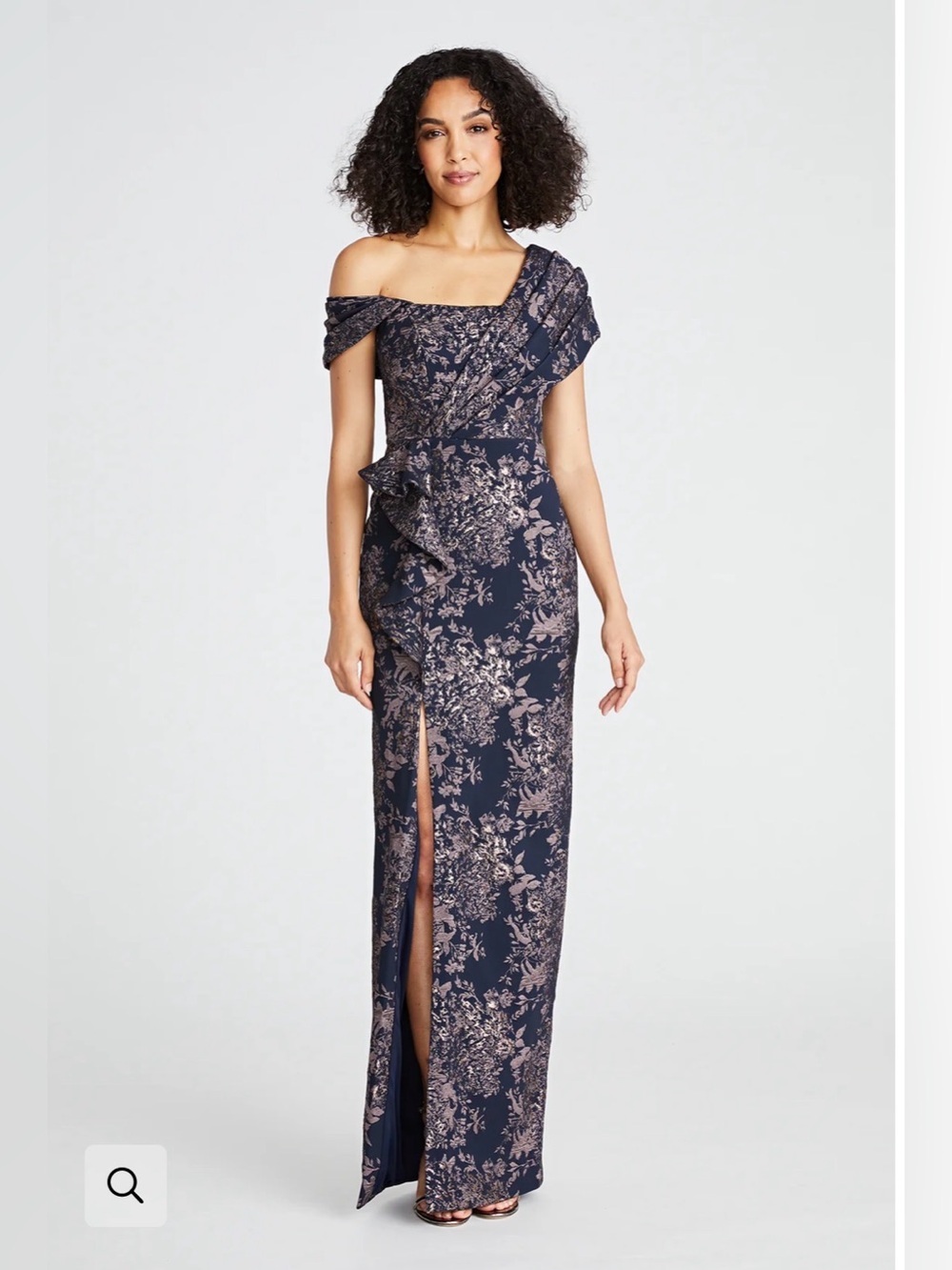 Theia Amaris jacquard column Gown 
Off-the-Shoulder Navy Floral Evening Gown